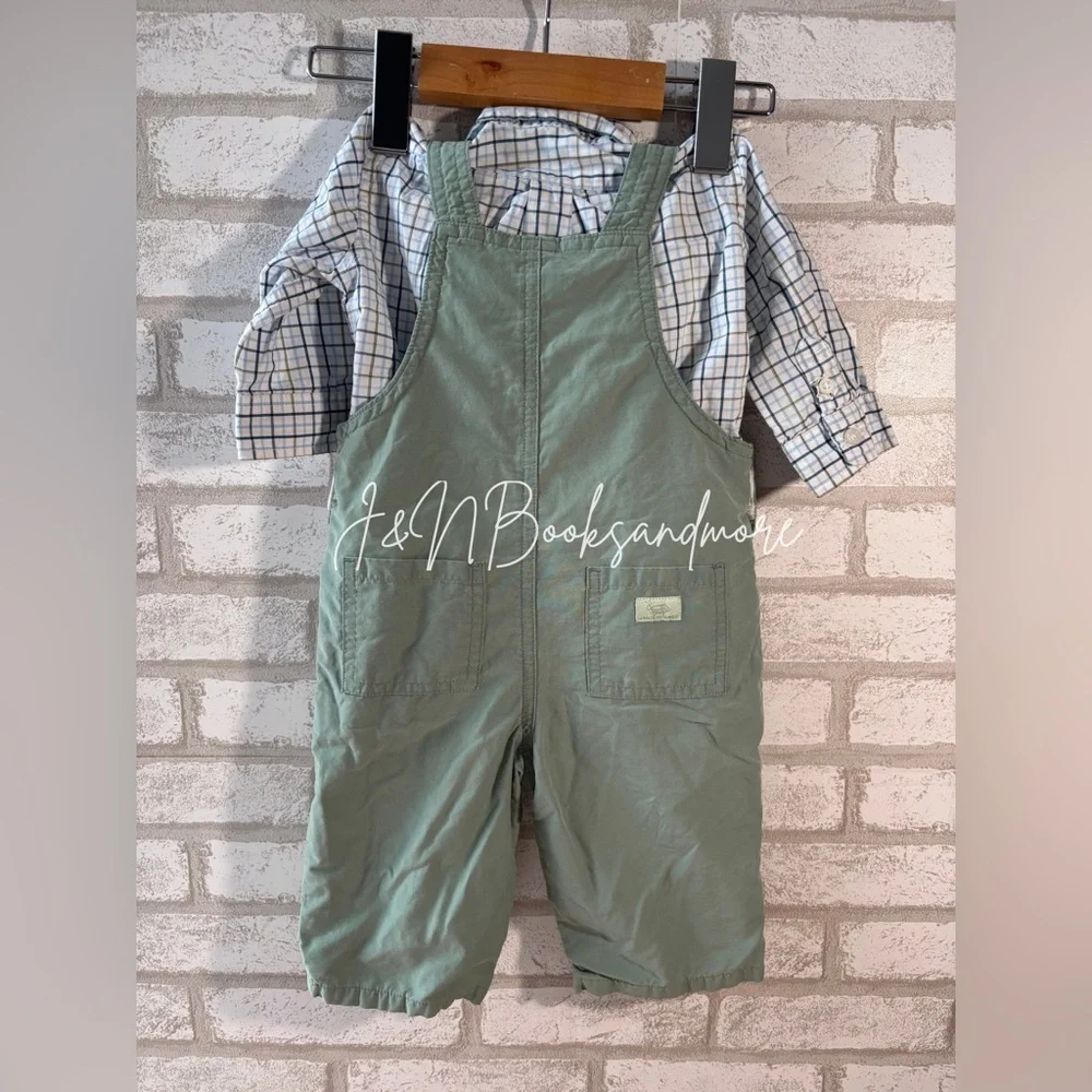 Janie & Jack Infant Button Down Shirt & Lined Grasshopper Overalls Set Size 3-6M